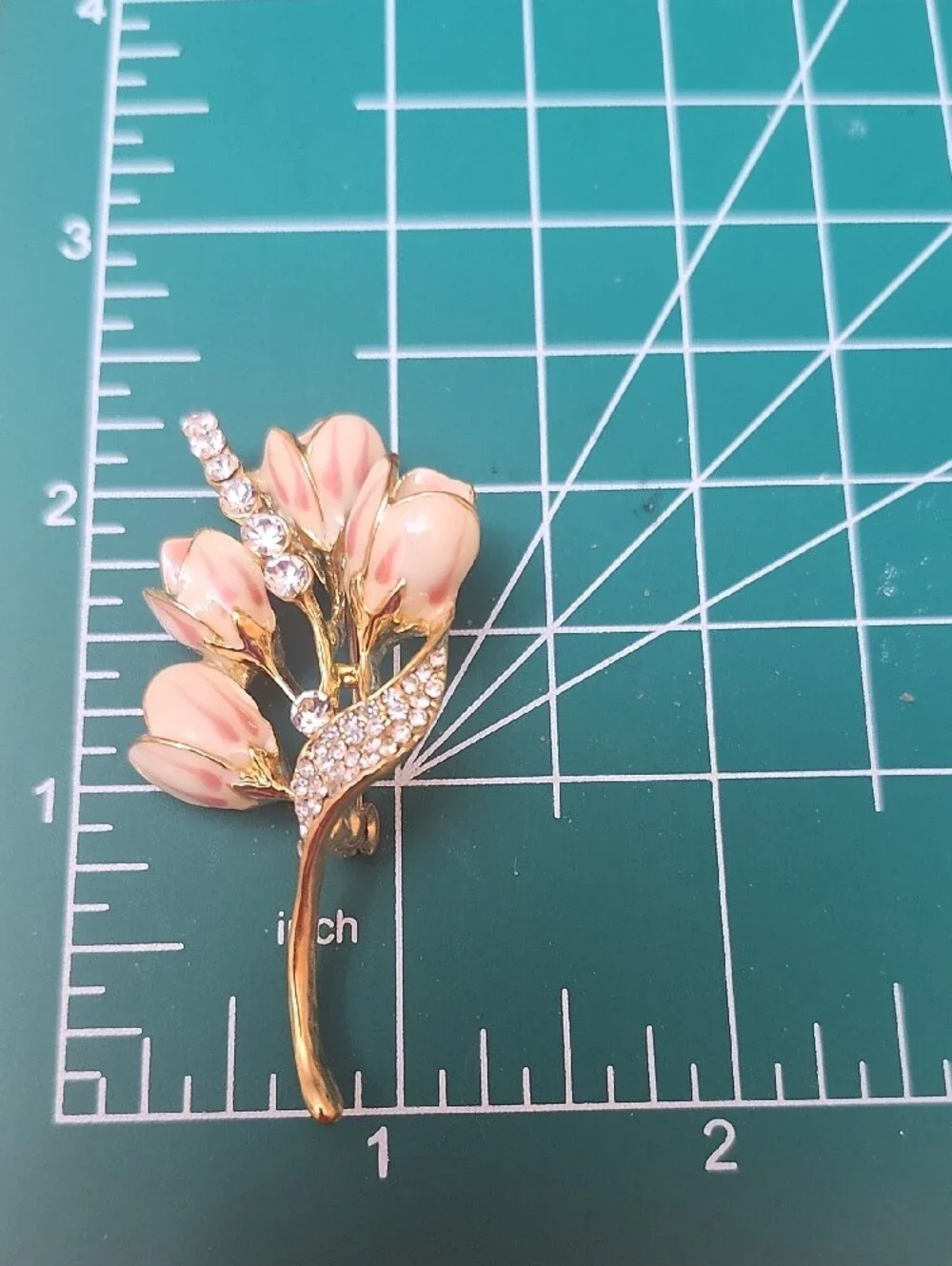Gold-Tone Pink Floral Crystal Brooch